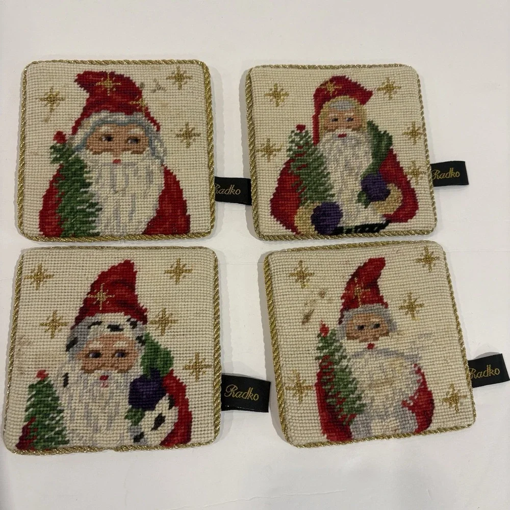 VTG Set of 4 Radko 4" Santa Needlepoint Wool Christmas Coasters Velvet Back - Picture 1 of 6